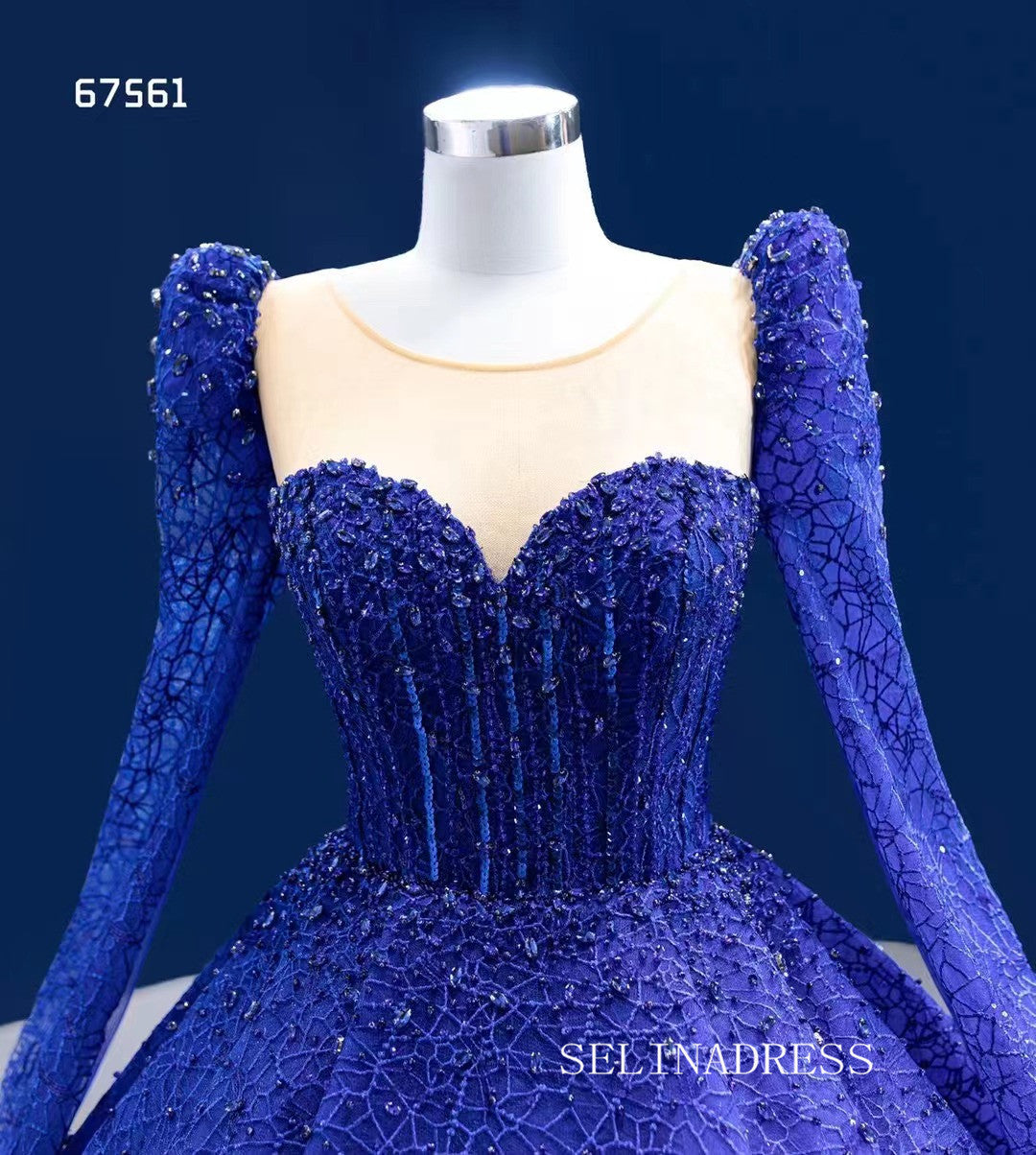 Royal Blue Satin Strapless Long Sleeve Beaded V Neck Prom Dress, Ball Gown  on Luulla